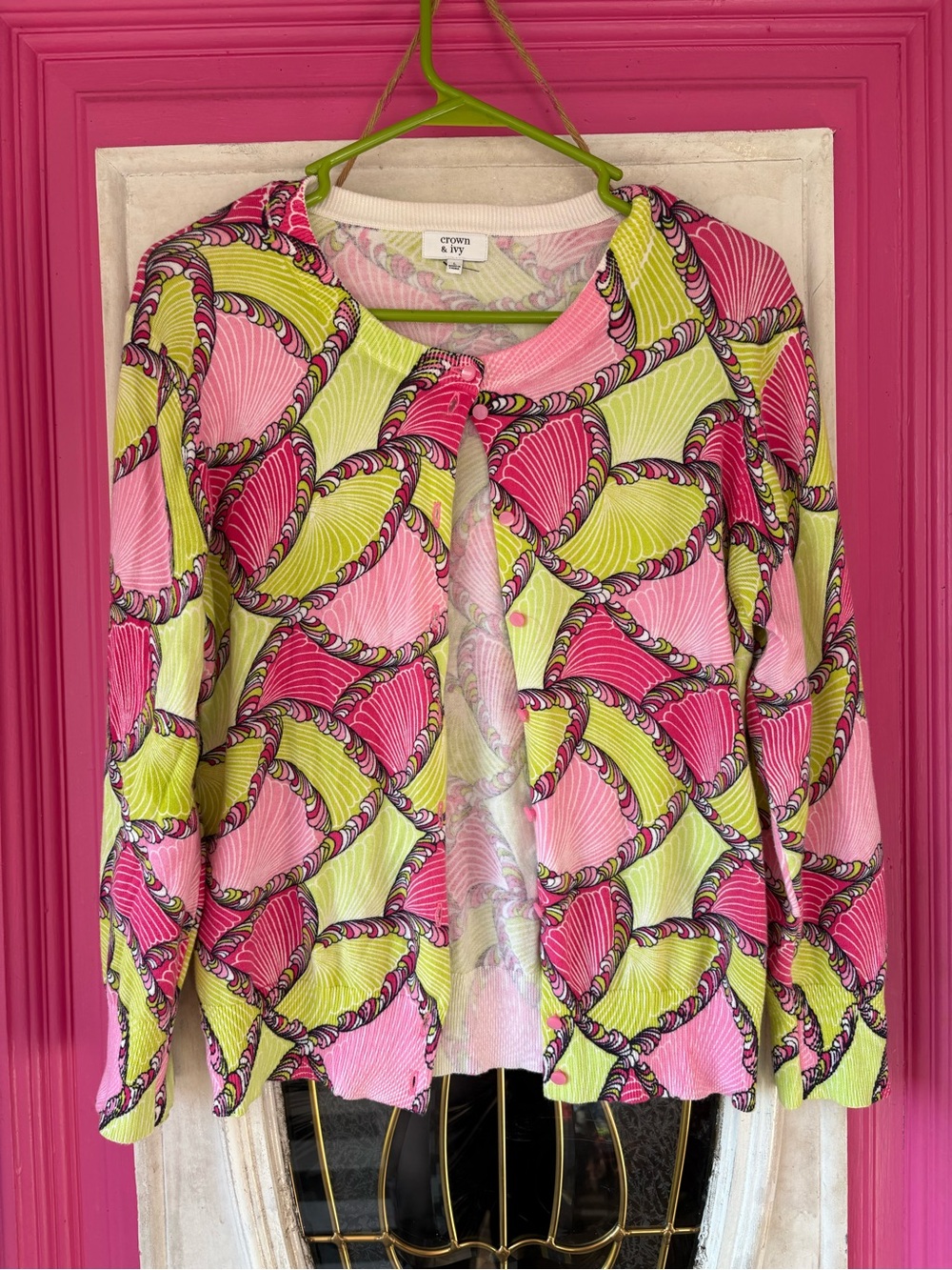 crown & ivy Pink and Lime Printed Women's Cardigan Jacket